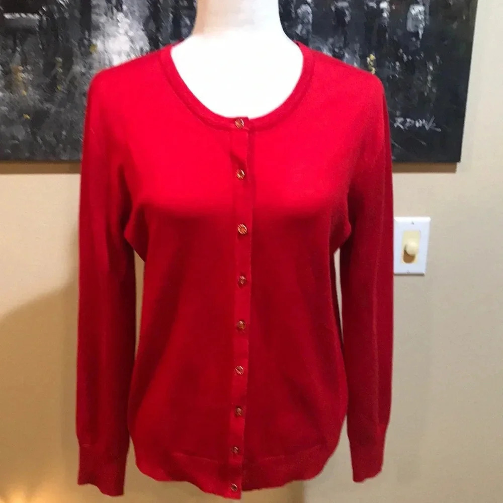Amo Rosa New York Red Cardigan Sweater with red jeweled button front-Size L